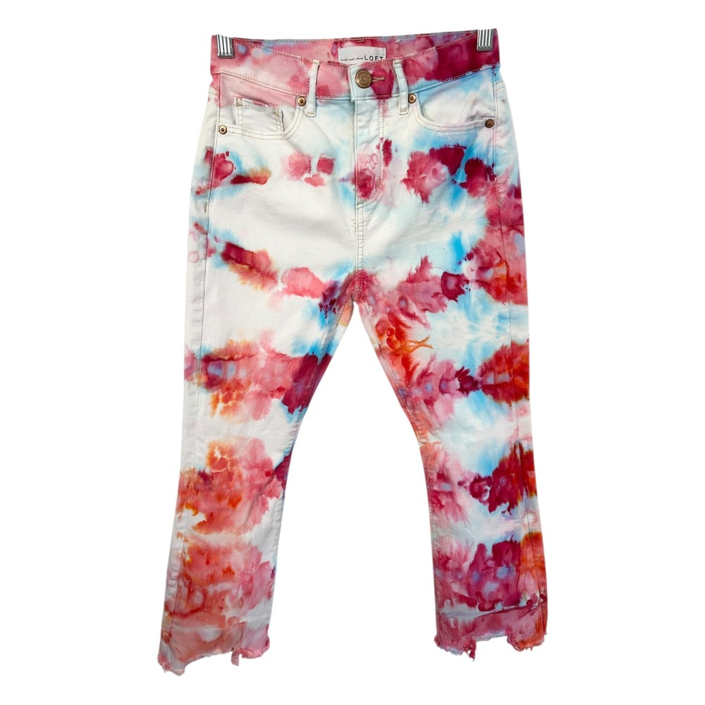LOFT Size 00 Jeans Handmade Tie Dye High Waist Flare Crop Cut Off Frayed Raw 754